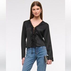 NWT Abercrombie & Fitch Long Sleeve Lace Trim Tie Front Top in Black (Size M)
